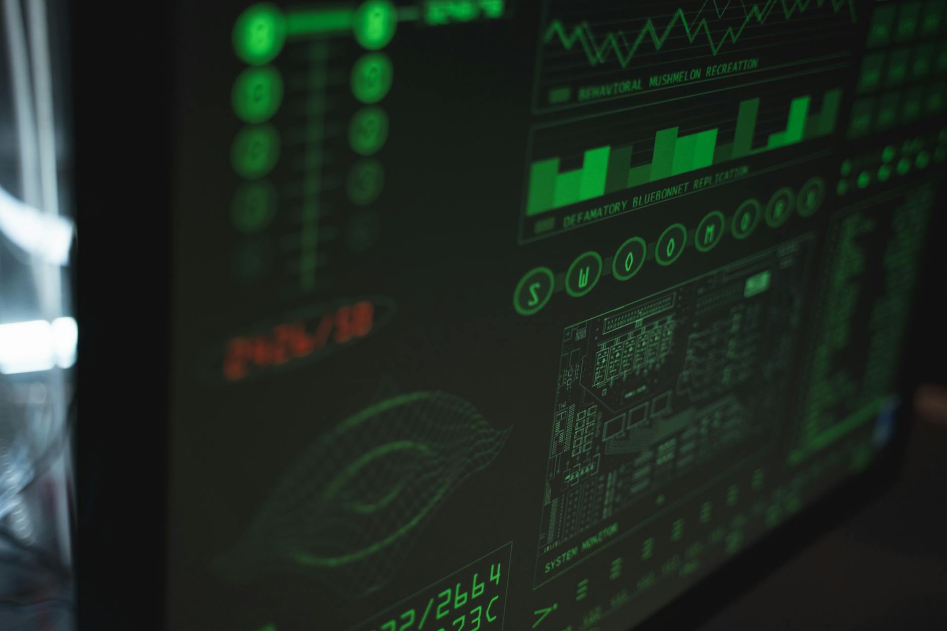 Monitor z interfejsem cyberbezpieczeństwa i ochrony danych w zielonych barwach Monitor z interfejsem cyberbezpieczeństwa i ochrony danych w zielonych barwach